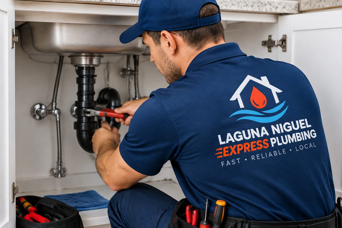 Licensed plumber repairing a pipe under a kitchen sink
